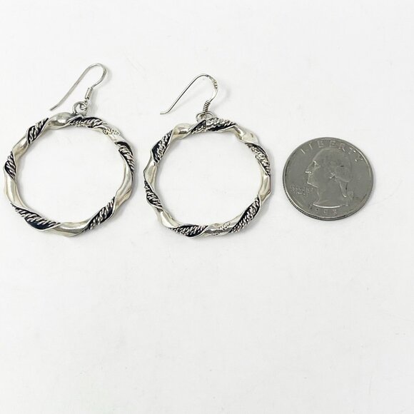 VTG 925 Sterling Silver 1 1/4” Twisted Rope Hoop Dangle Earrings Boho Artisan - Picture 5 of 7